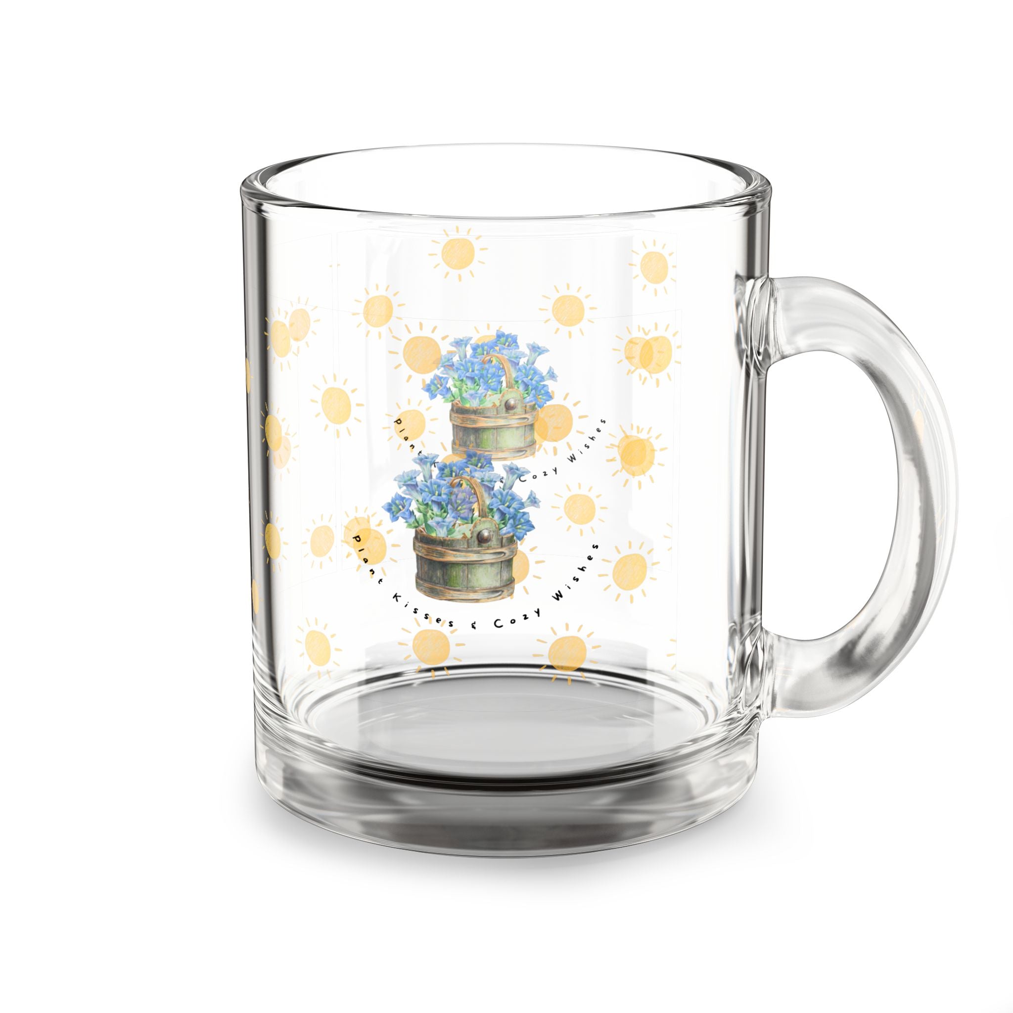 10oz Glass Mug — Sunny Dots with Blue Hydrangea Floral Accent