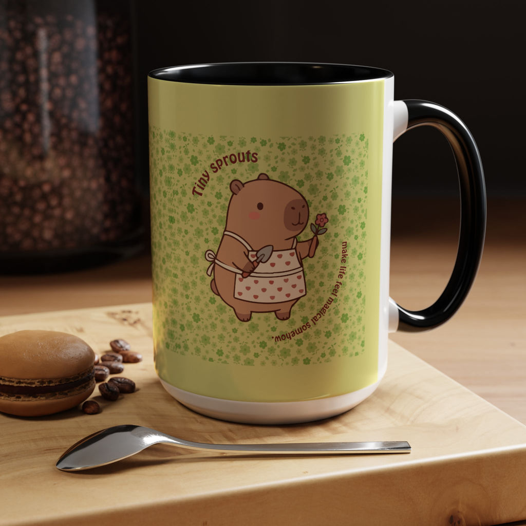 Cute ‘Tiny Sprouts’ Accent Coffee Mug – Kawaii Garden Capybara Design (11/15 oz)
