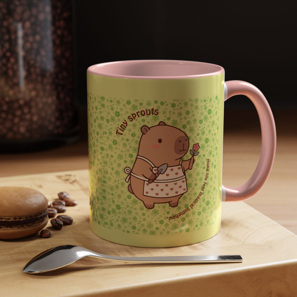 Cute ‘Tiny Sprouts’ Accent Coffee Mug – Kawaii Garden Capybara Design (11/15 oz)