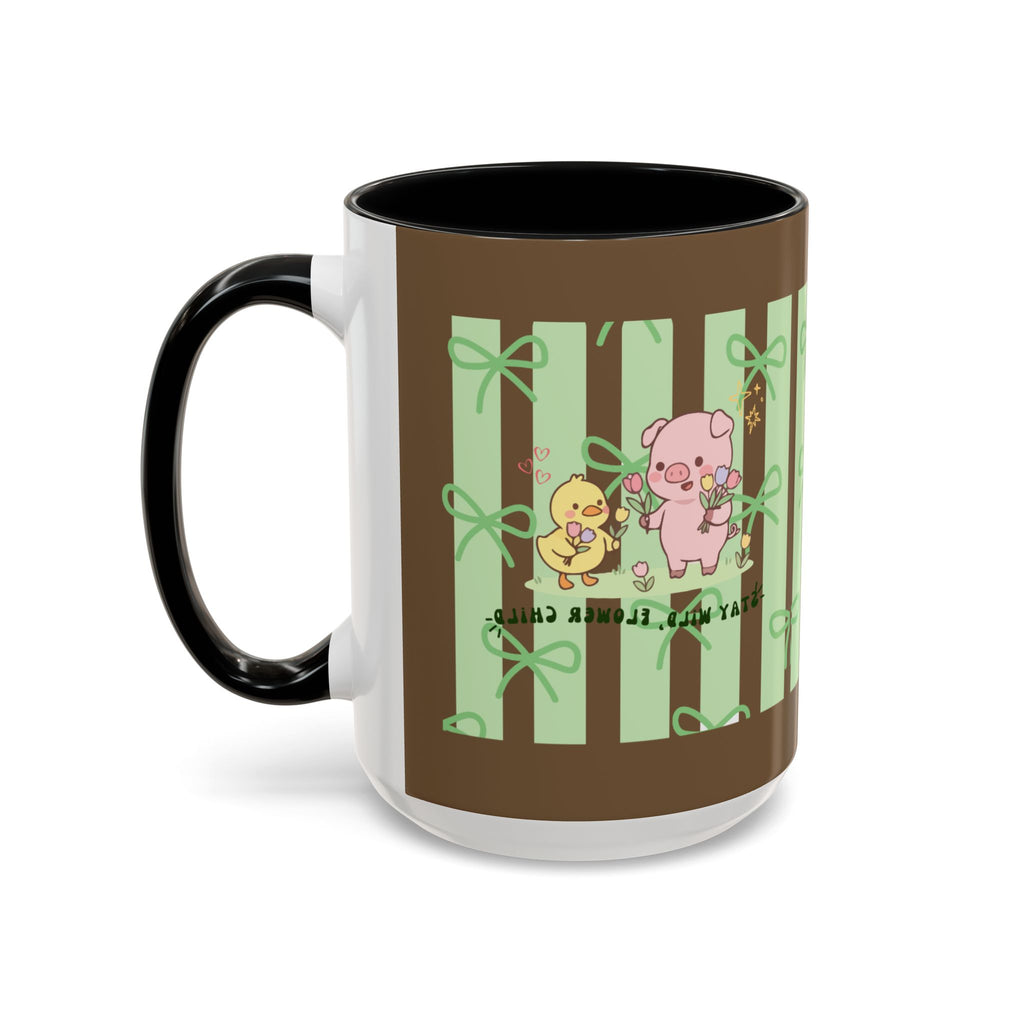Cute Pig & Chick Accent Coffee Mug — Pastel Stripes, Charming Kawaii Tea/Coffee Cup