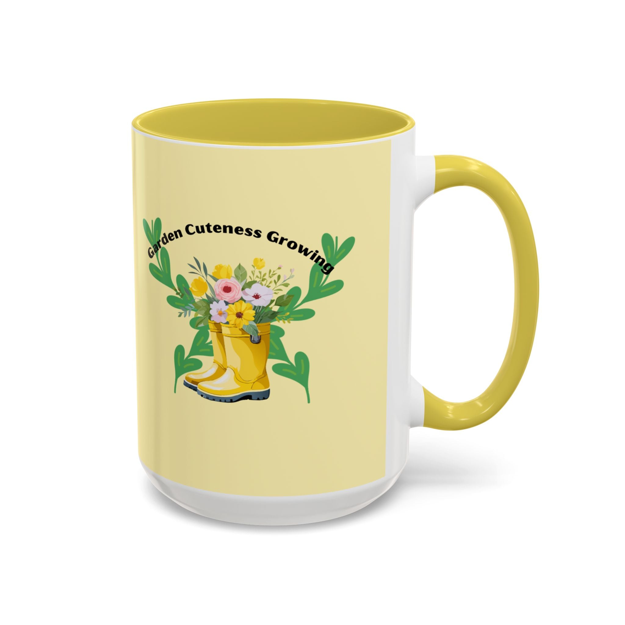 Yellow Rain Boot Floral Mug — “Garden Cuteness Growing” Coffee Cup (11oz/15oz)