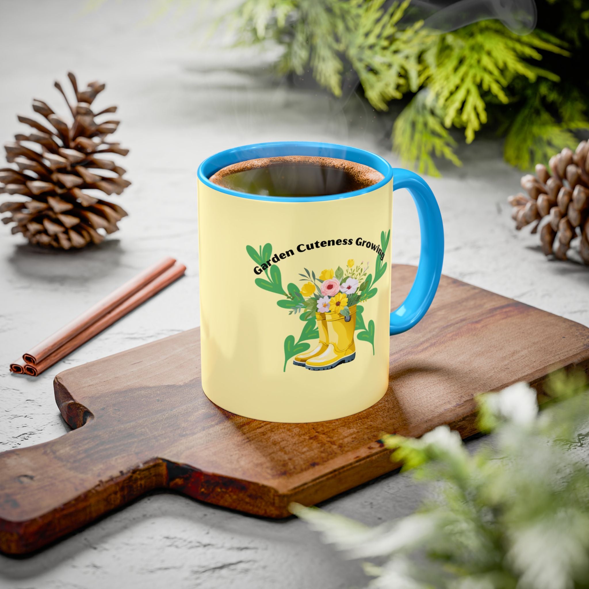 Yellow Rain Boot Floral Mug — “Garden Cuteness Growing” Coffee Cup (11oz/15oz)