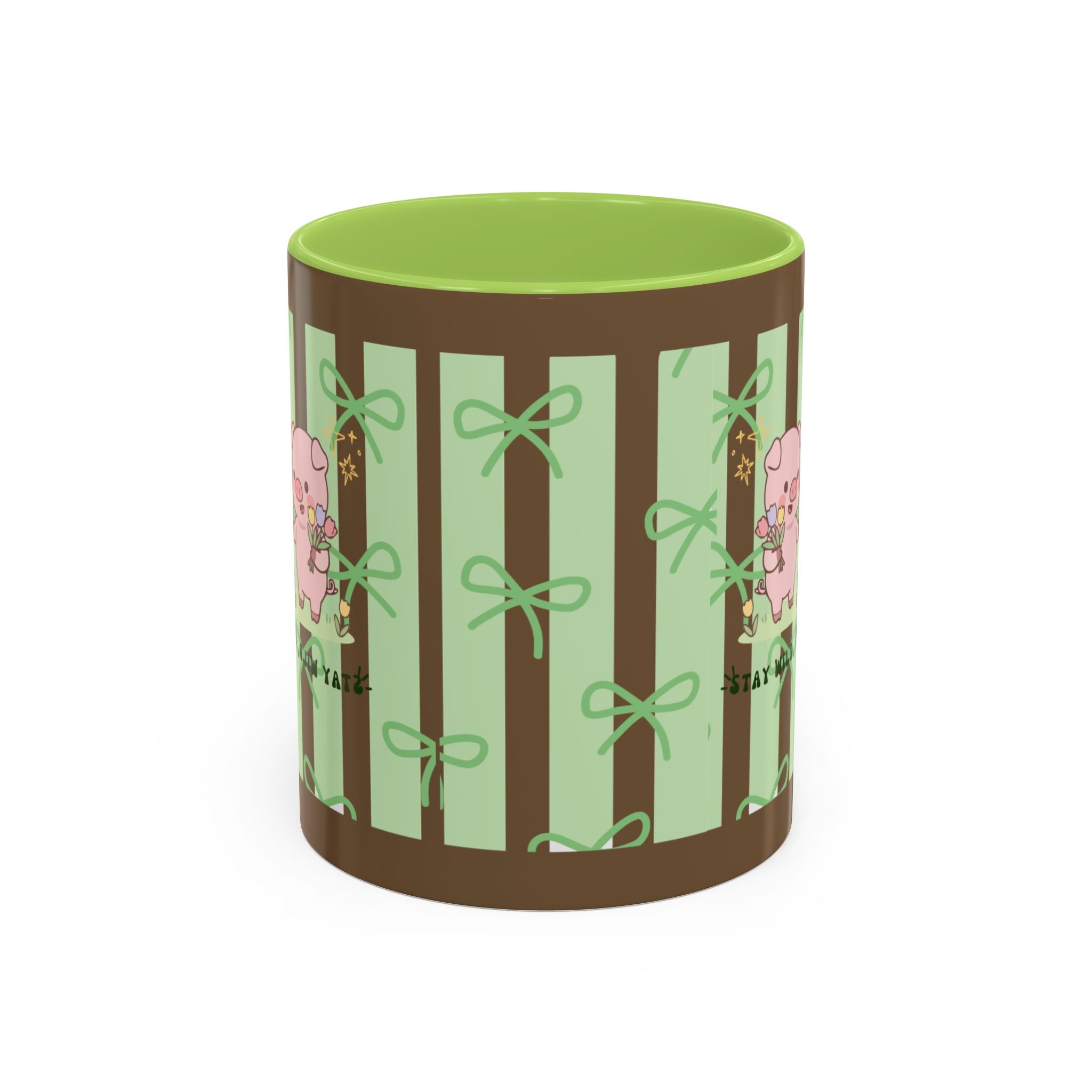 Cute Pig & Chick Accent Coffee Mug — Pastel Stripes, Charming Kawaii Tea/Coffee Cup