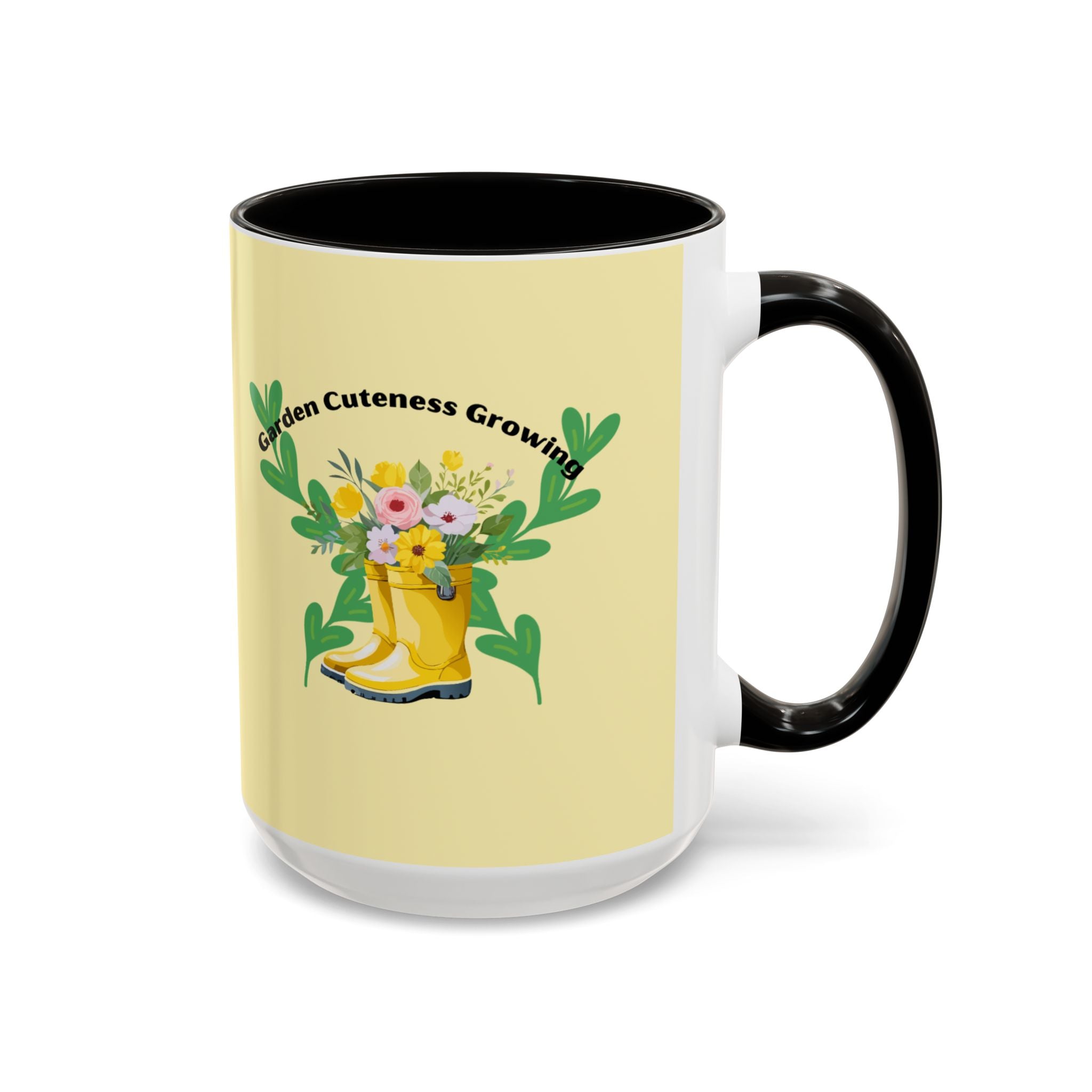 Yellow Rain Boot Floral Mug — “Garden Cuteness Growing” Coffee Cup (11oz/15oz)