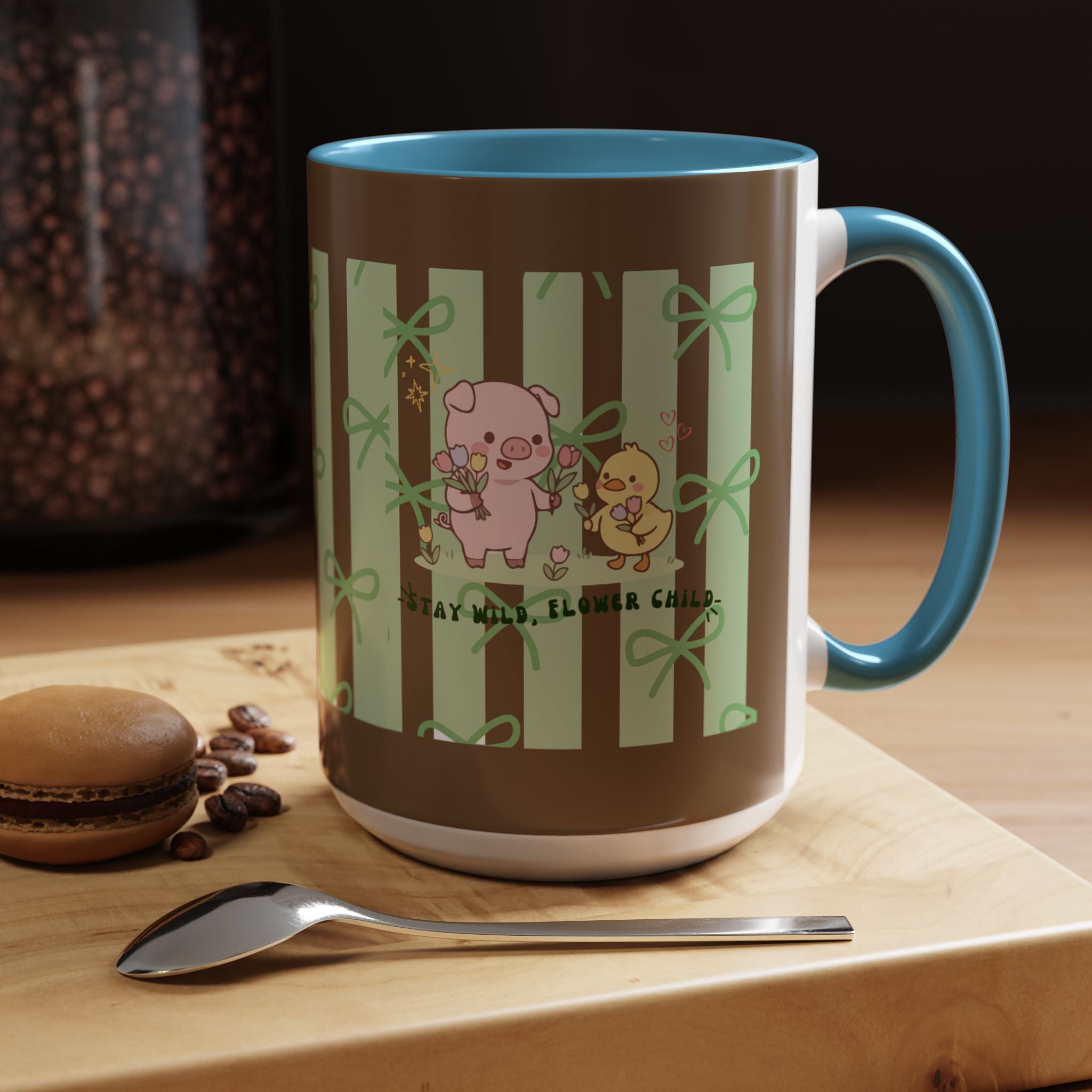 Cute Pig & Chick Accent Coffee Mug — Pastel Stripes, Charming Kawaii Tea/Coffee Cup
