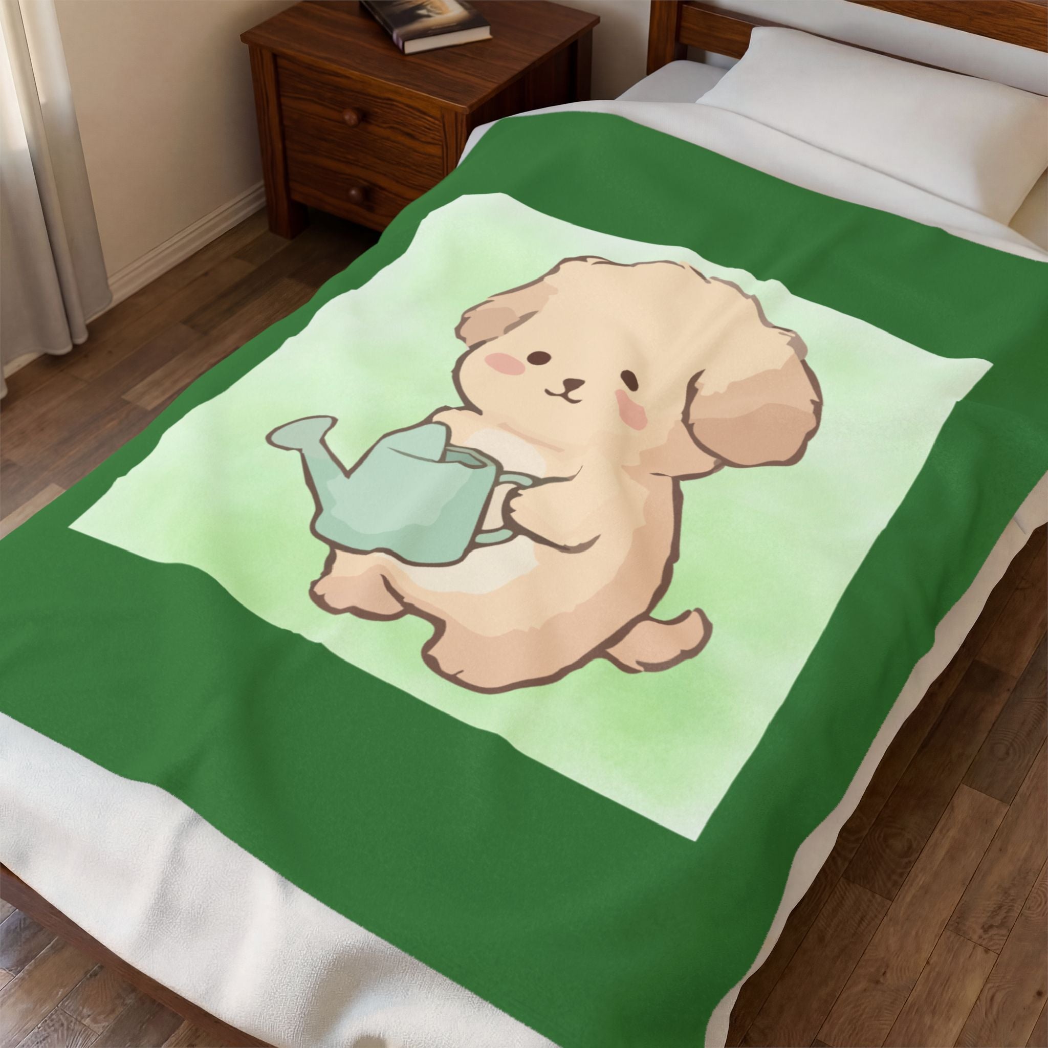 Cute Puppy Watering Can Velveteen Plush Blanket — Soft Floral Green Throw for Kids & Pet Lovers
