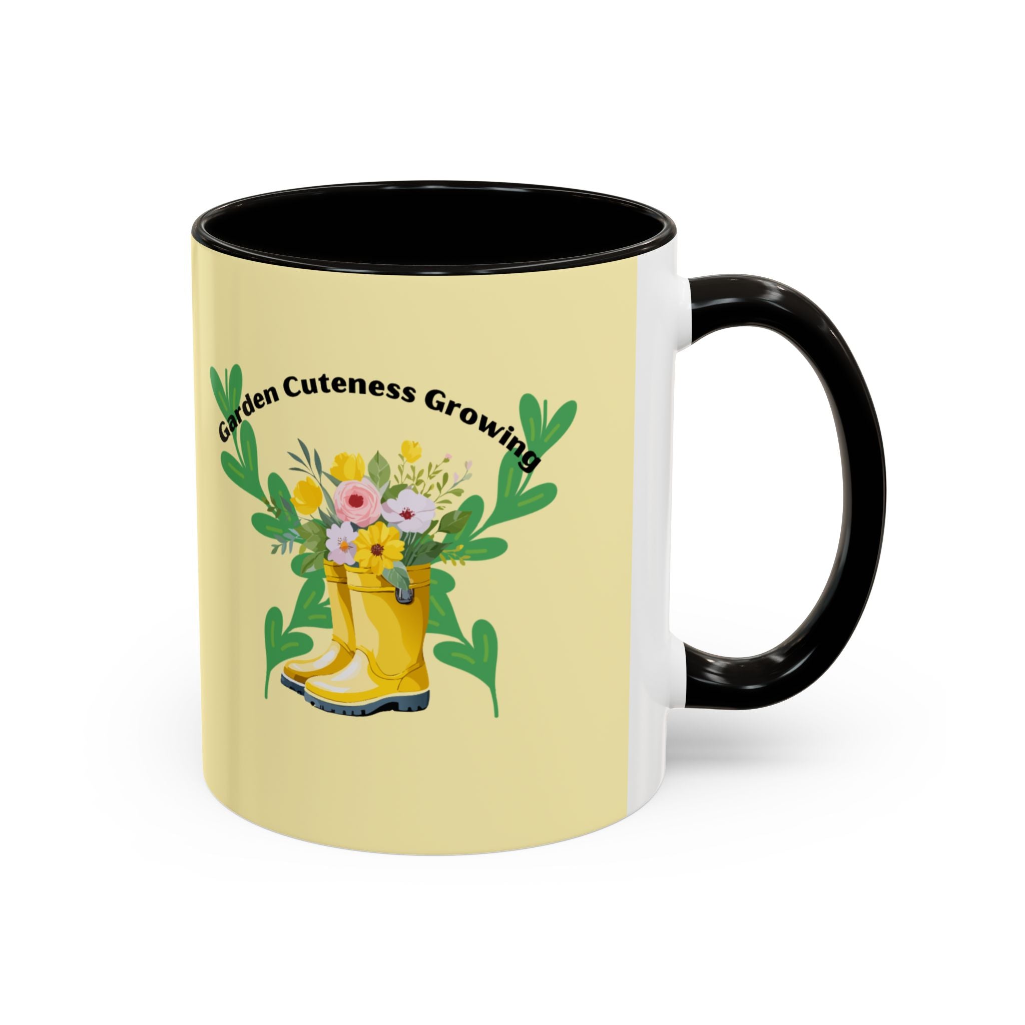 Yellow Rain Boot Floral Mug — “Garden Cuteness Growing” Coffee Cup (11oz/15oz)