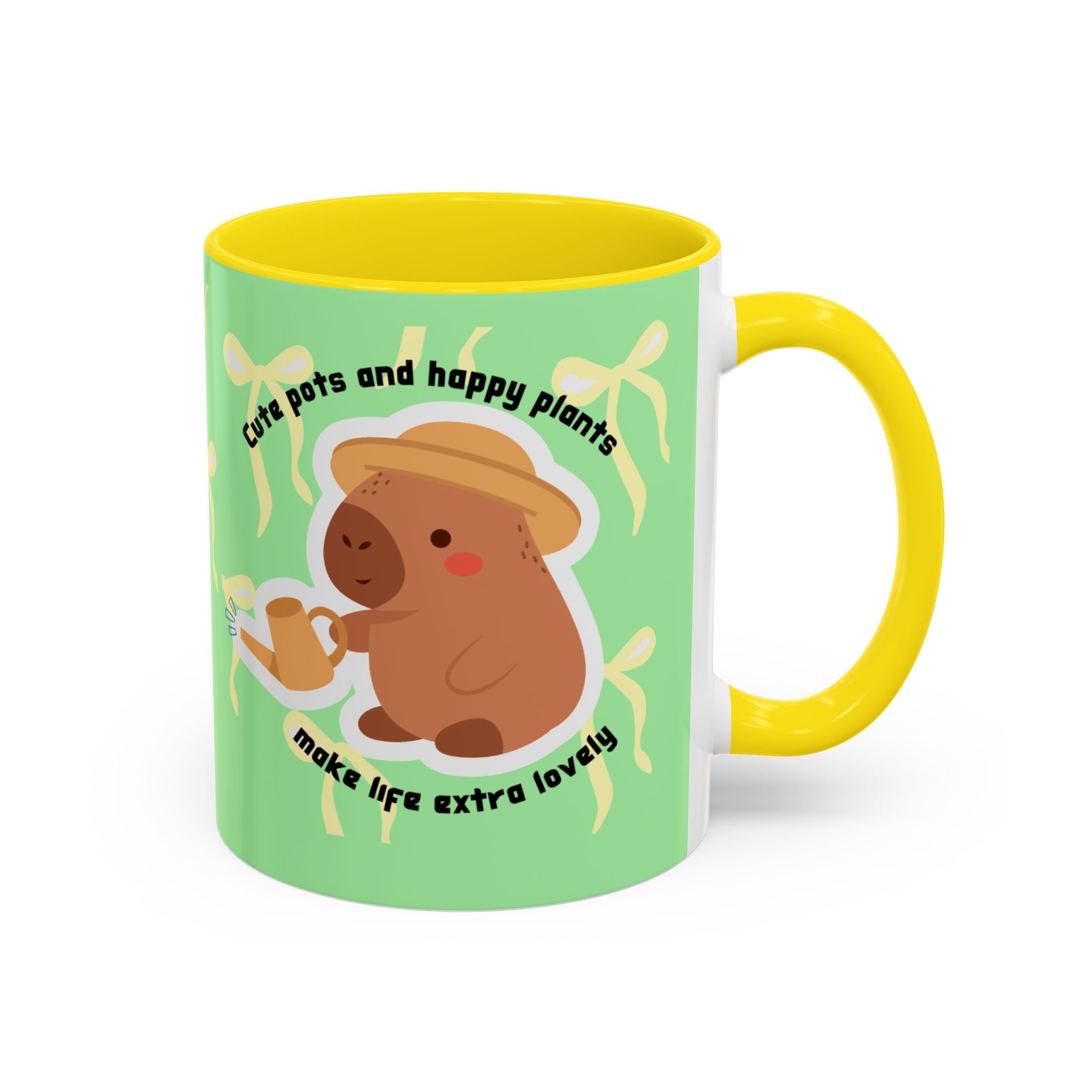 Accent Coffee Mug - Cute Bear Watering Plants ‘Cute Pots and Happy Plants Make Life Extra Lovely’