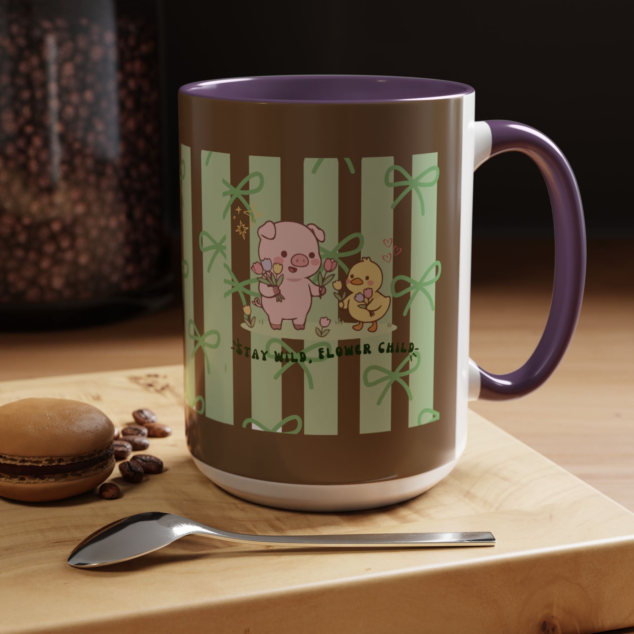 Cute Pig & Chick Accent Coffee Mug — Pastel Stripes, Charming Kawaii Tea/Coffee Cup