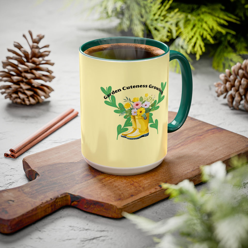 Yellow Rain Boot Floral Mug — “Garden Cuteness Growing” Coffee Cup (11oz/15oz)