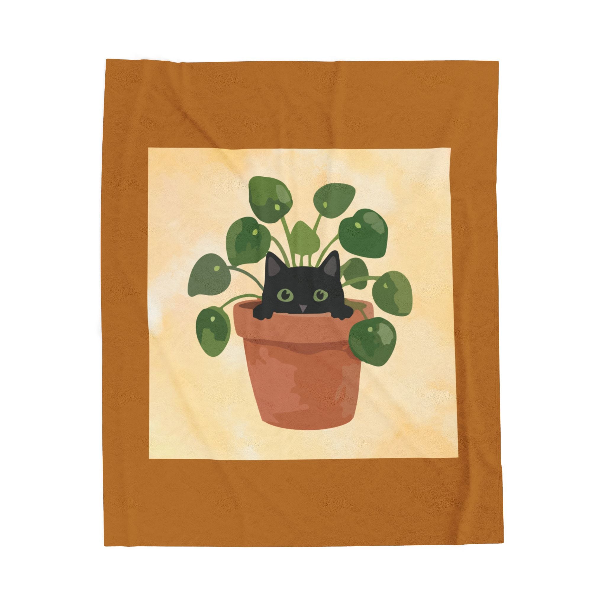 Plush Blanket — Cute Black Cat in Potted Plant Velveteen Throw