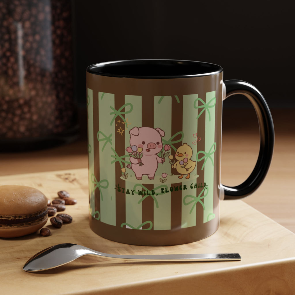 Cute Pig & Chick Accent Coffee Mug — Pastel Stripes, Charming Kawaii Tea/Coffee Cup