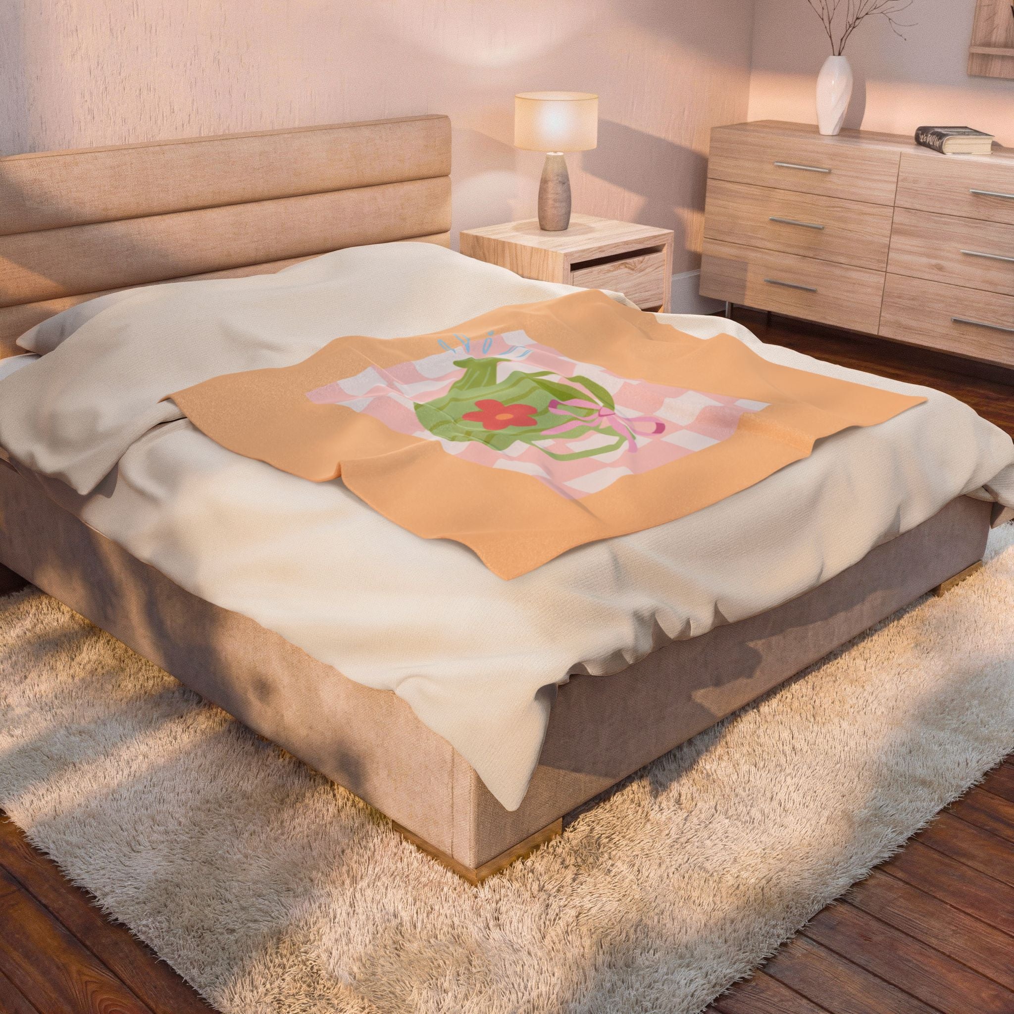 Watering Can Velveteen Plush Blanket — Soft Pastel Garden Throw