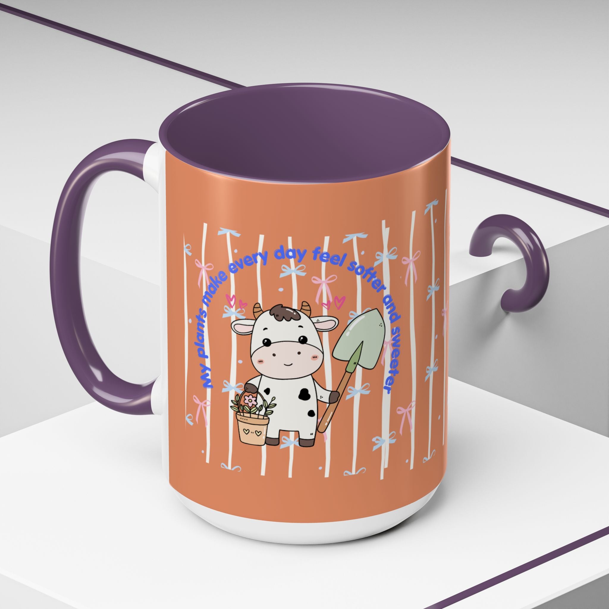 Cow Gardener Coffee Mug — Cute Cow with Shovel & Plant Pot Accent Mug (11/15oz)