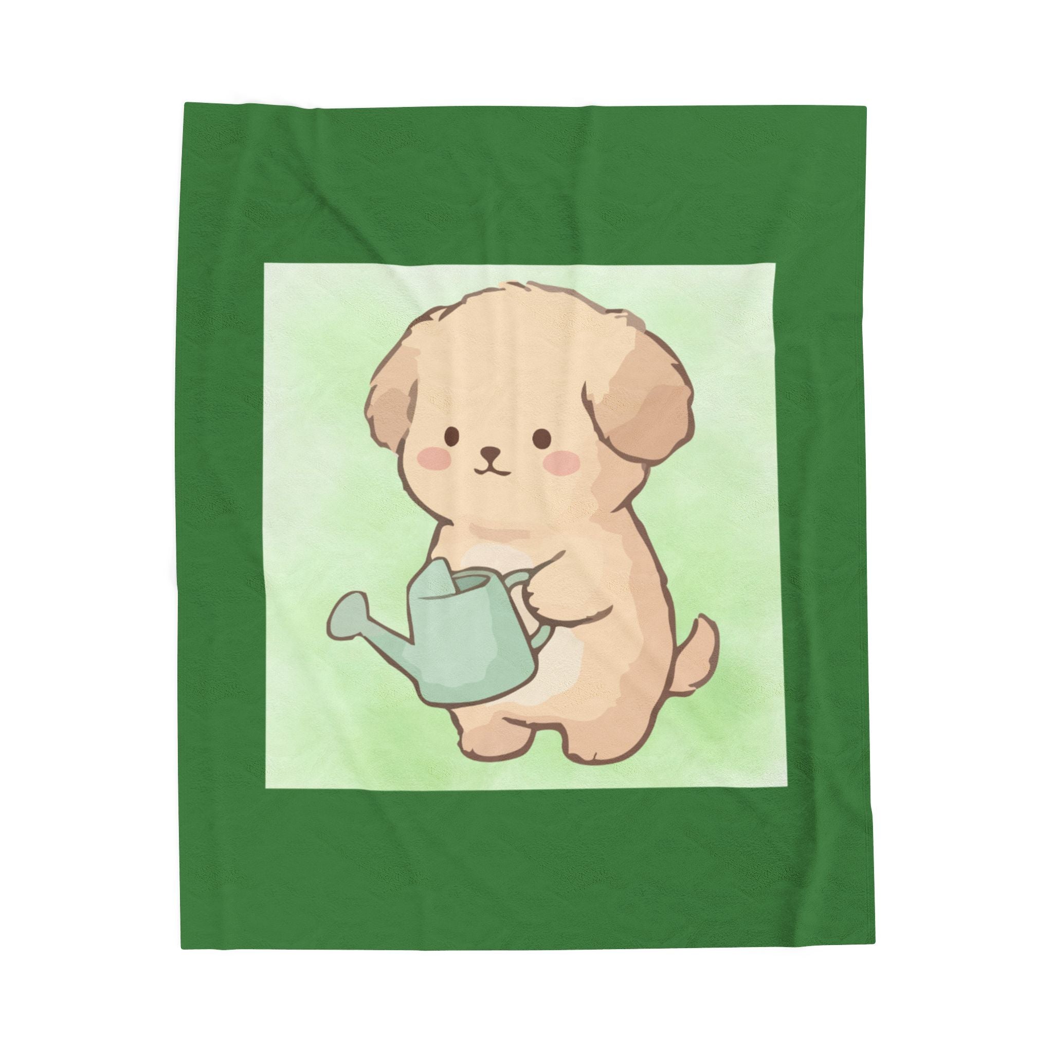 Cute Puppy Watering Can Velveteen Plush Blanket — Soft Floral Green Throw for Kids & Pet Lovers