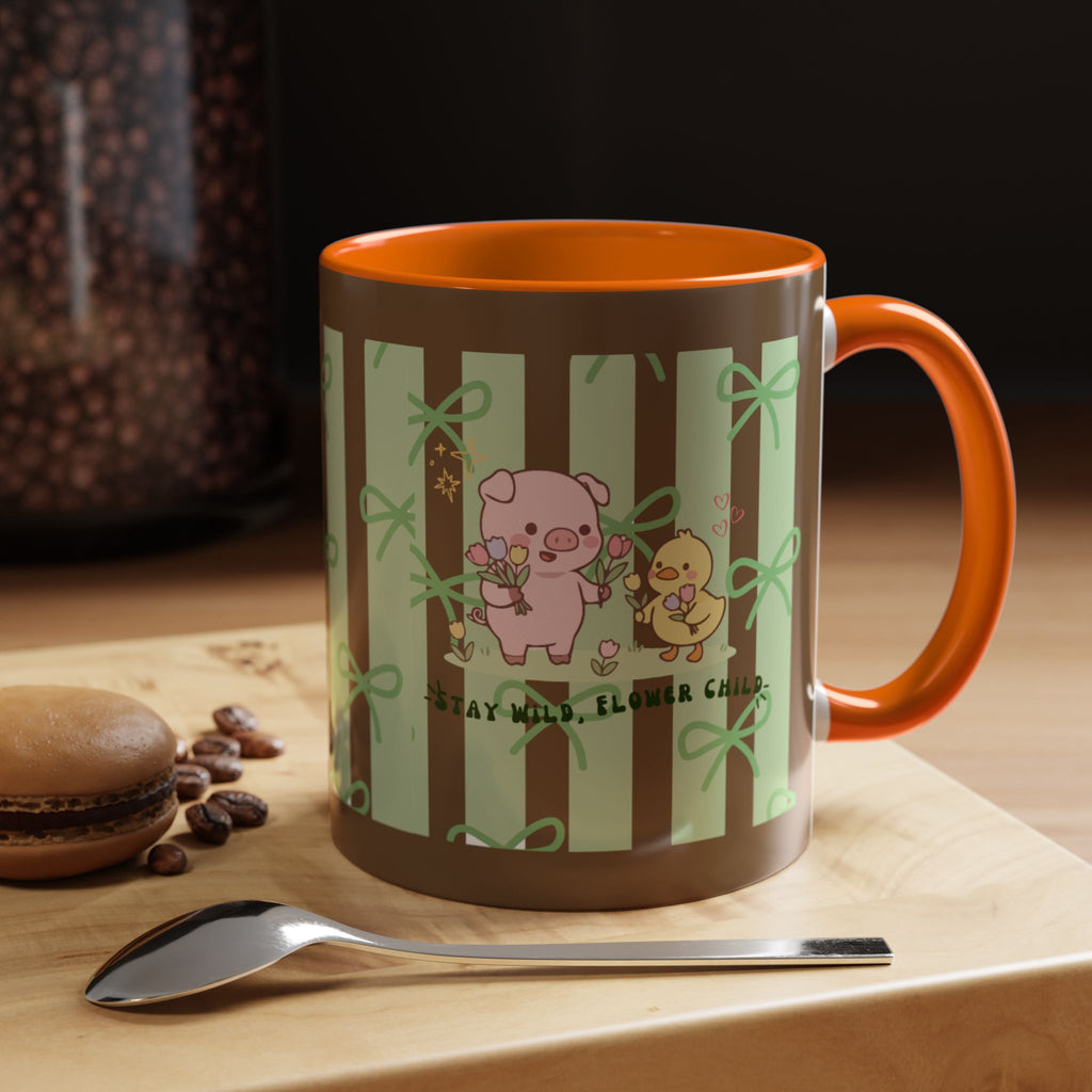 Cute Pig & Chick Accent Coffee Mug — Pastel Stripes, Charming Kawaii Tea/Coffee Cup