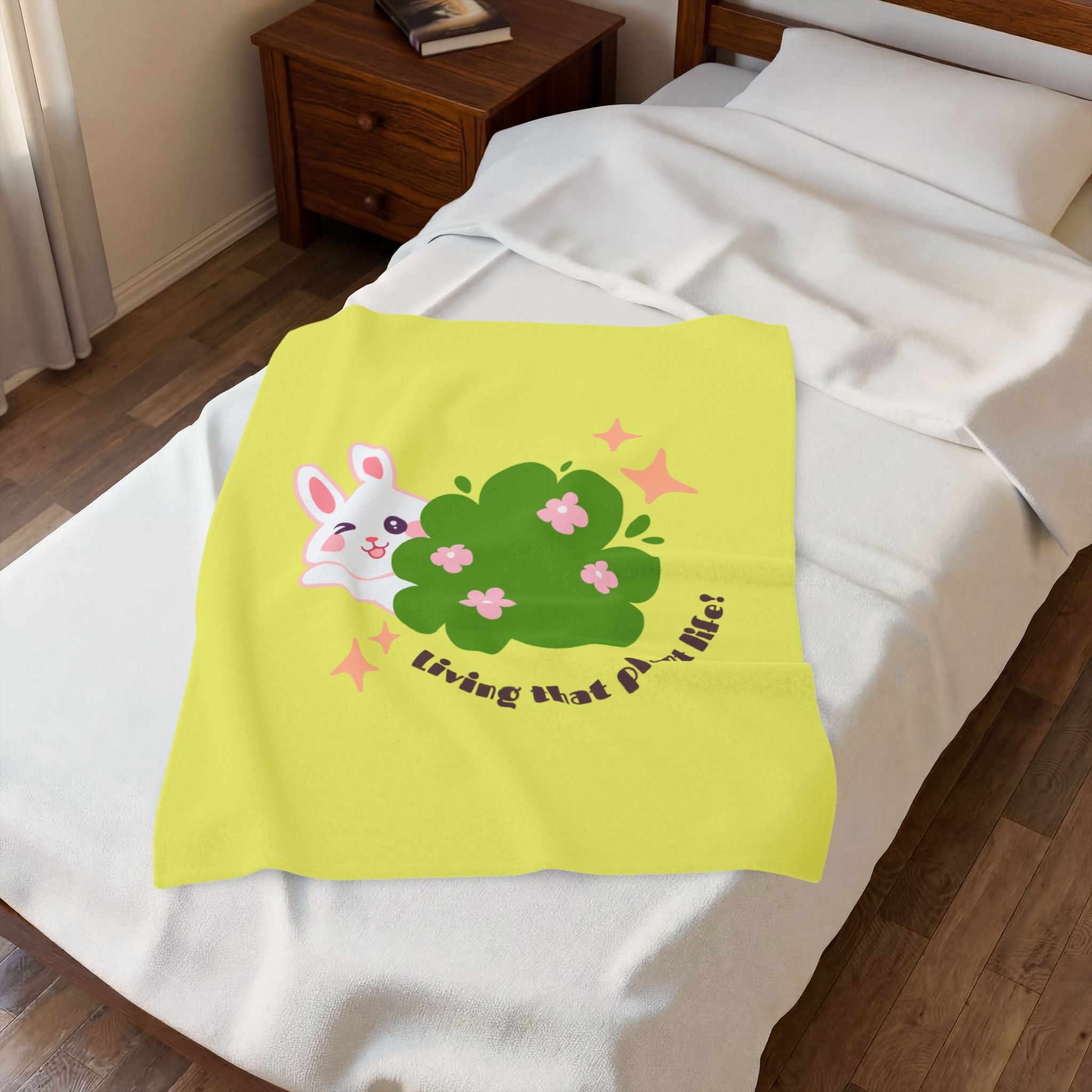 Cute Bunny 'Living That Plant Life' Plush Blanket — Soft Velveteen Throw for Plant Lovers, Kids & Cozy Gift