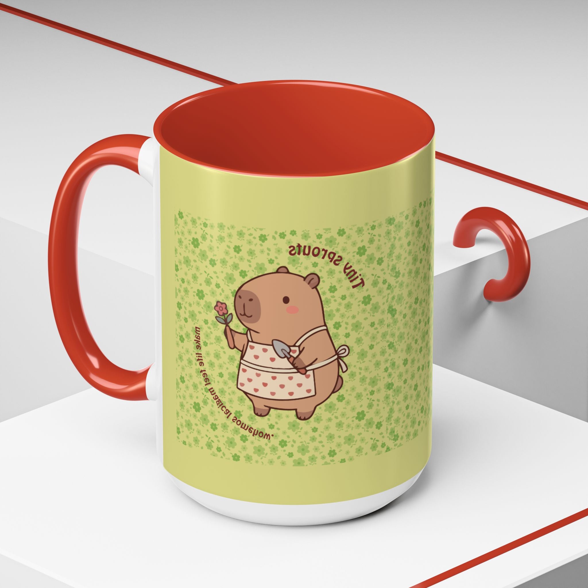Cute ‘Tiny Sprouts’ Accent Coffee Mug – Kawaii Garden Capybara Design (11/15 oz)